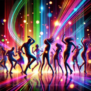 Ilustración que muestra a personas bailando con entusiasmo sobre un fondo negro. Las figuras están iluminadas con luces de colores.