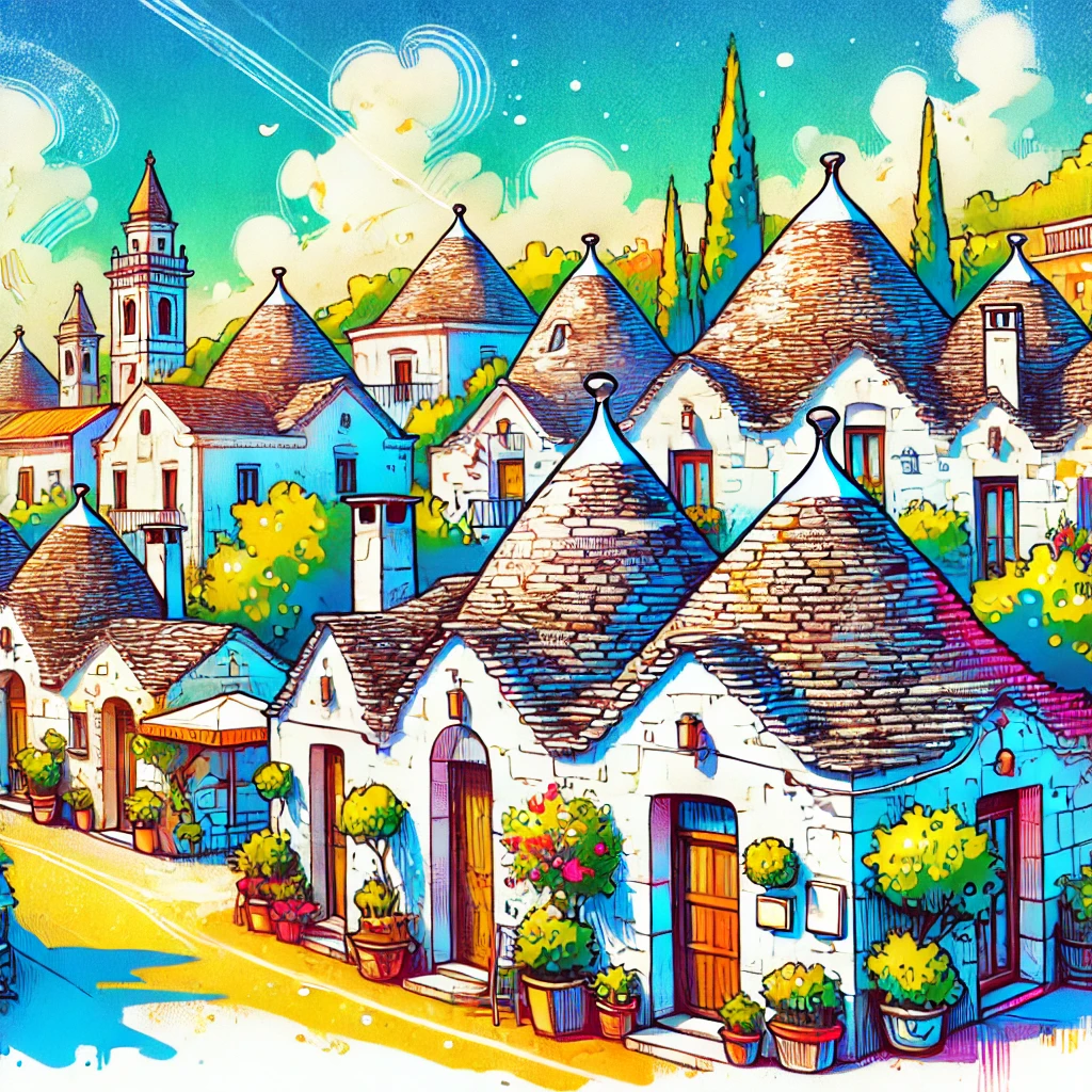 Un dibujo vibrante y colorido de Alberobello, Italia, que muestra sus singulares casas Trulli con paredes encaladas y techos cónicos de piedra, ubicadas en un entorno encantador.