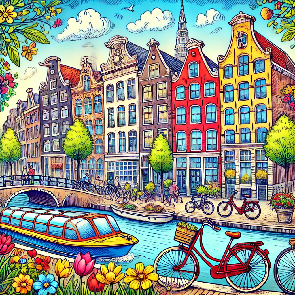 Un dibujo vibrante y colorido de Ámsterdam, Países Bajos, que muestra elementos icónicos como casas de canal con fachadas estrechas, bicicletas y barcos de canal.