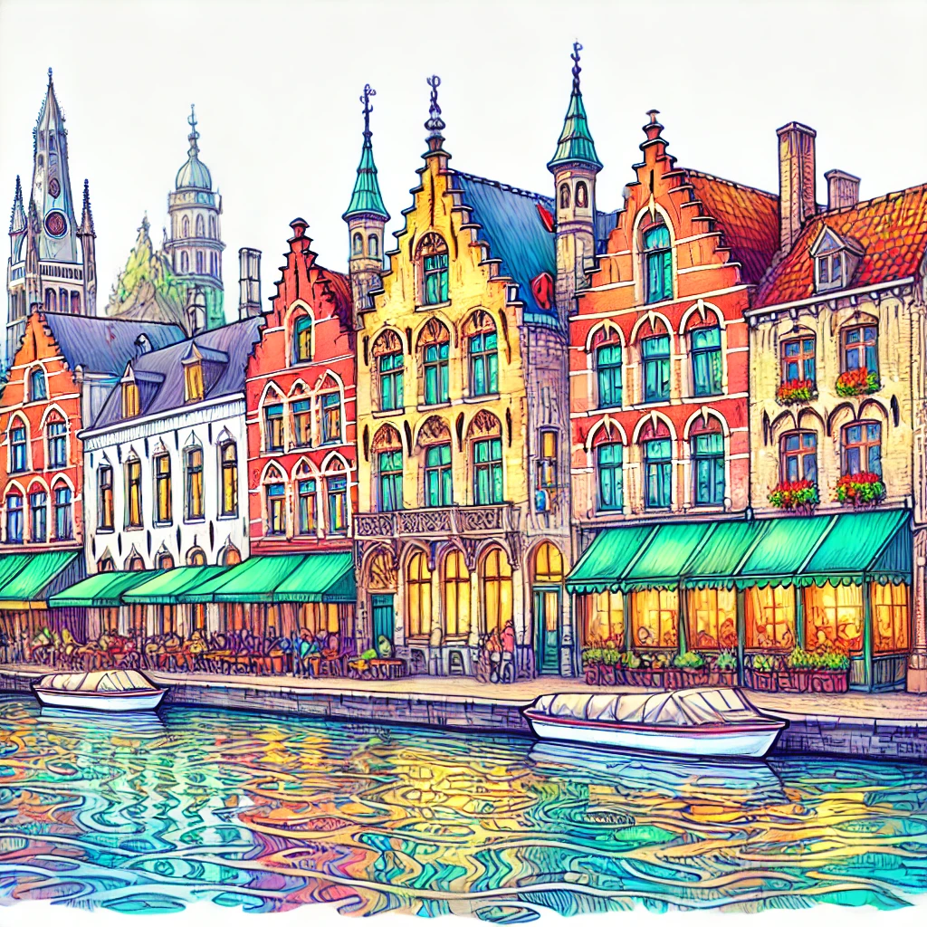 Un dibujo vibrante y colorido de Brujas, Bélgica, que muestra una arquitectura medieval icónica, canales bordeados de encantadores edificios antiguos y calles adoquinadas.