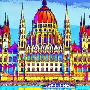 Una ilustración vibrante y colorida del edificio del Parlamento húngaro en Budapest, visto desde el frente, que muestra su gran arquitectura de estilo neogótico.