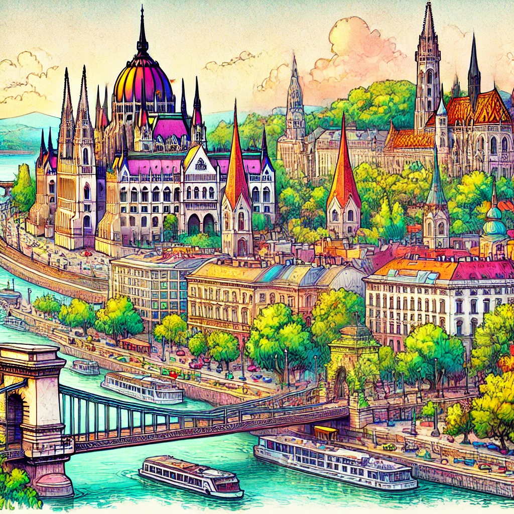 Un dibujo vibrante y colorido de Budapest, Hungría, que muestra lugares emblemáticos como el edificio del Parlamento a lo largo del río Danubio y el Castillo de Buda.