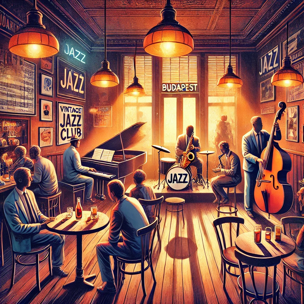 Ilustración de un acogedor club de jazz en Budapest. El interior tiene una iluminación cálida y músicos tocan en un pequeño escenario.