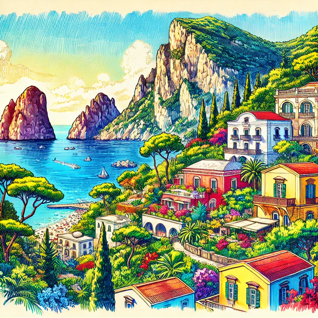 Un dibujo vibrante y colorido de Capri, Italia, con emblemáticos acantilados mediterráneos, exuberante vegetación y casas italianas tradicionales con vista a la bahía.