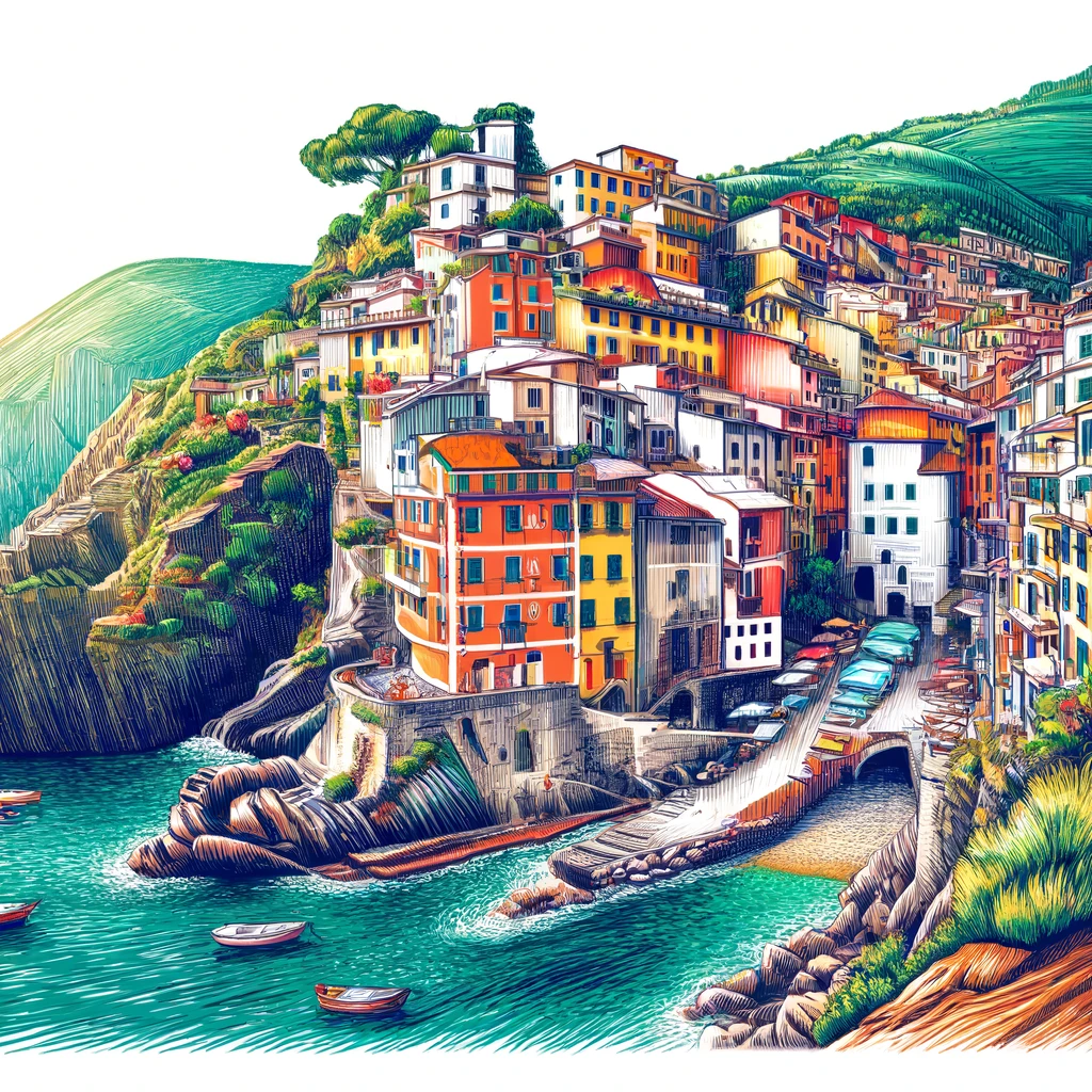 Un dibujo vibrante y colorido de Cinque Terre, Italia, que muestra los encantadores y coloridos pueblos en los acantilados con vista al mar Mediterráneo, con barcos.