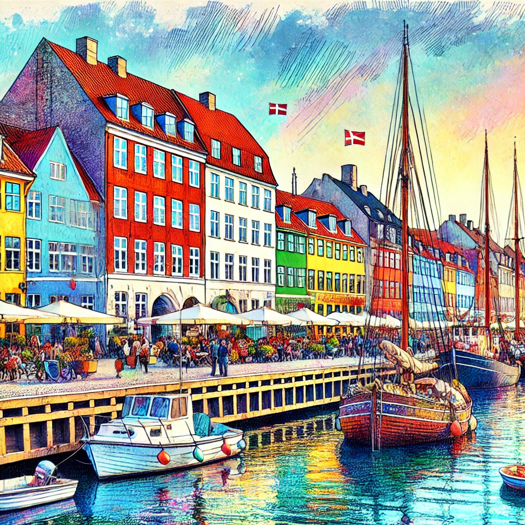 Un dibujo vibrante y colorido de Copenhague, Dinamarca, que muestra lugares emblemáticos como Nyhavn con sus coloridos edificios frente al mar y calles adoquinadas.