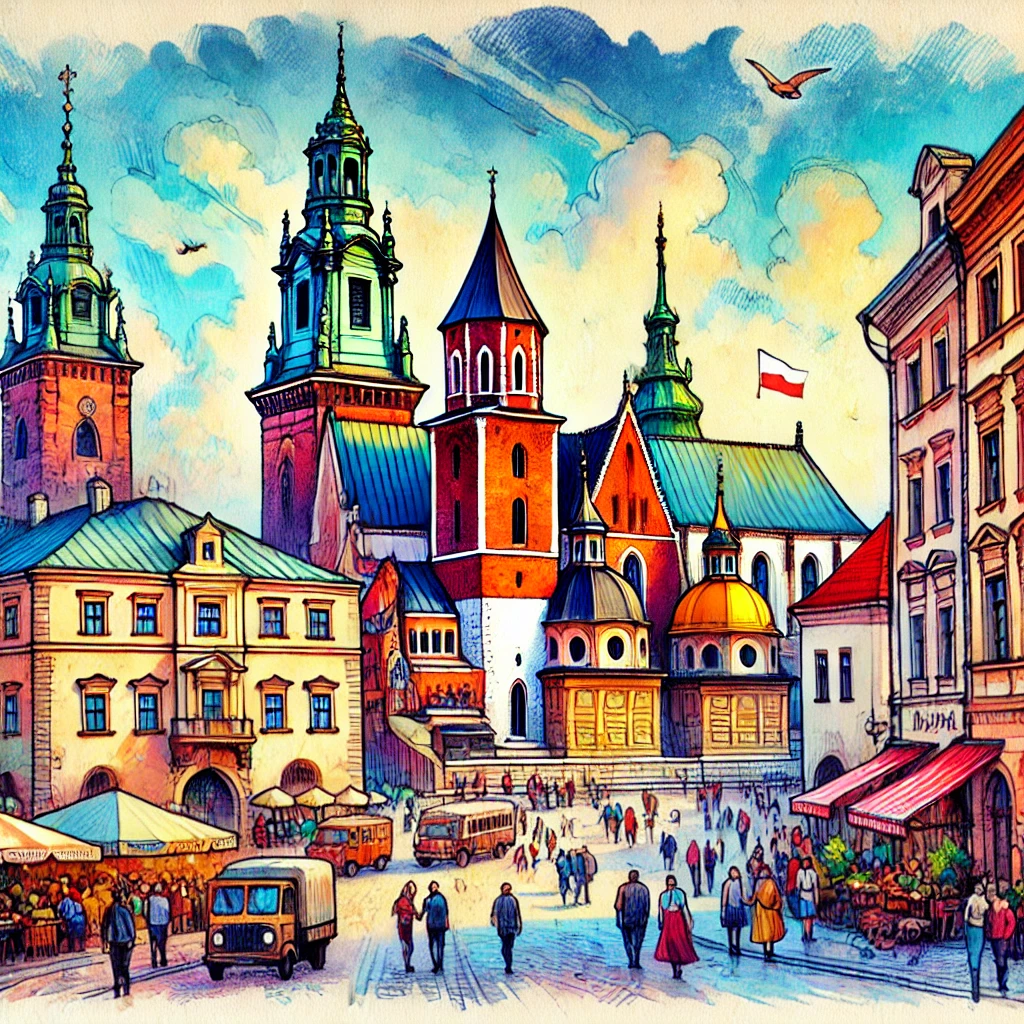 Un dibujo vibrante y colorido de Cracovia, Polonia, con lugares emblemáticos como el Castillo de Wawel, la Plaza del Mercado y la Basílica de Santa María.