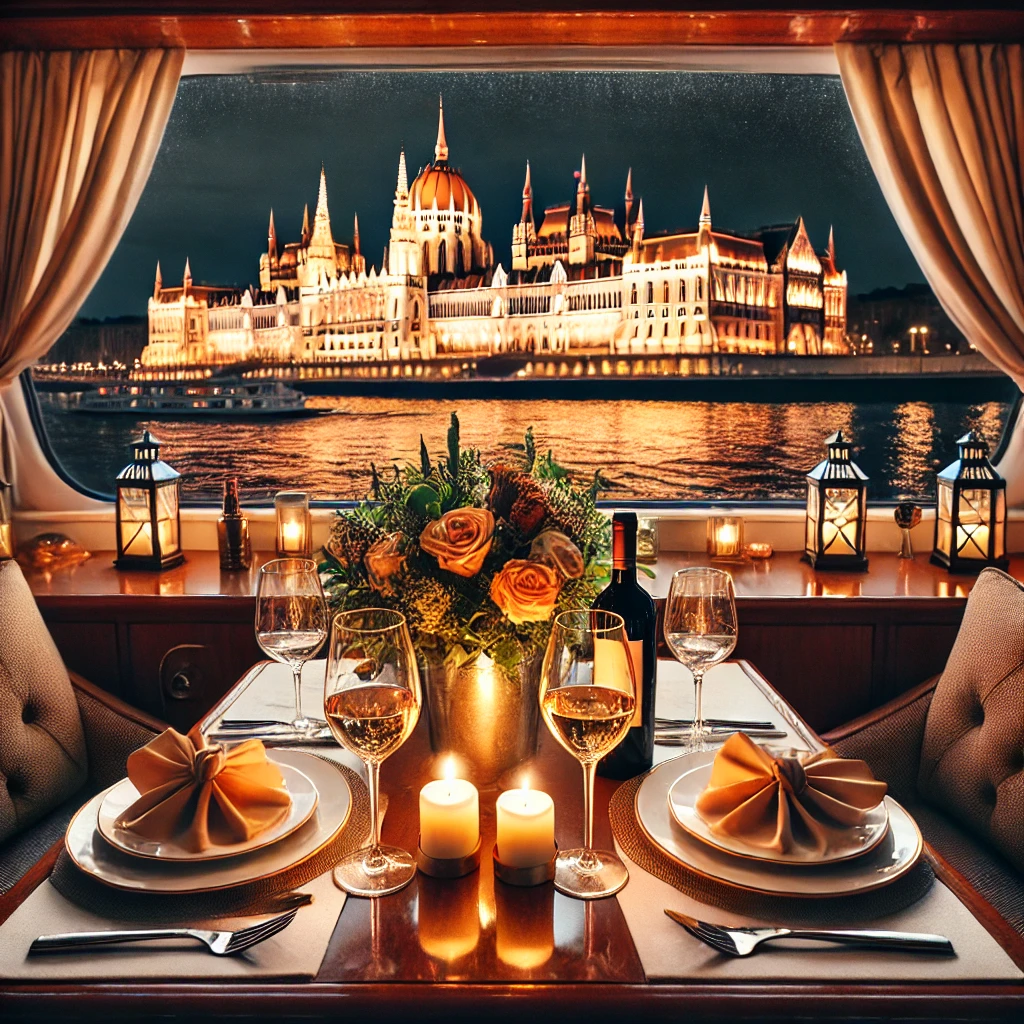 Disfruta de una cena romántica en un crucero por el Danubio con vistas impresionantes del Parlamento de Budapest iluminado. Una experiencia inolvidable.