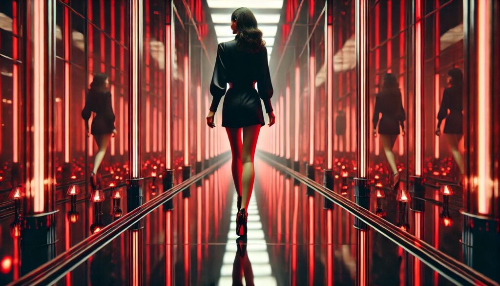 Una imagen hiperrealista de una mujer joven y elegante vestida de negro, con tacones, caminando por un pasillo de espejos con luces rojas intensas que reflejan todo, dentro de DOJO Boutique Club en Budapest