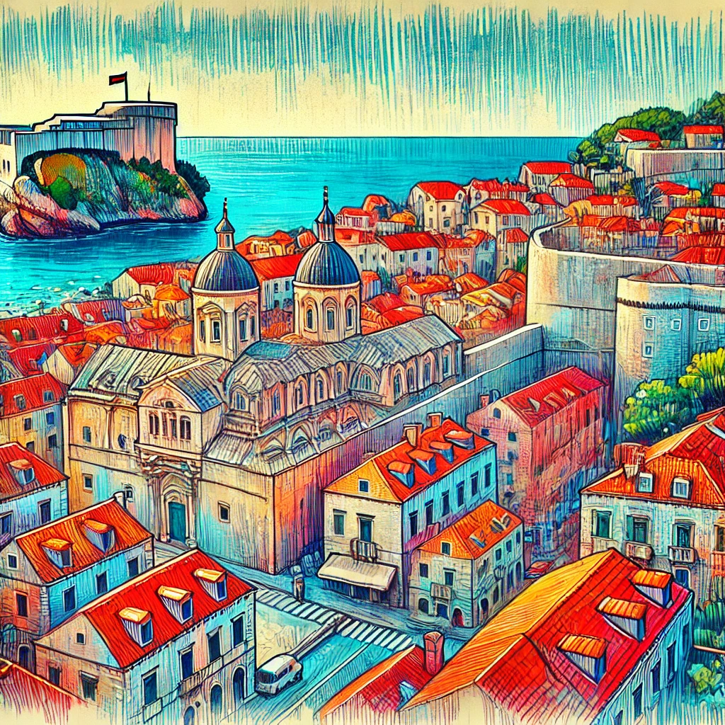 Un dibujo vibrante y colorido de Dubrovnik, Croacia, que muestra sus icónicas murallas medievales, edificios con techos rojos y el azul claro del mar Adriático.