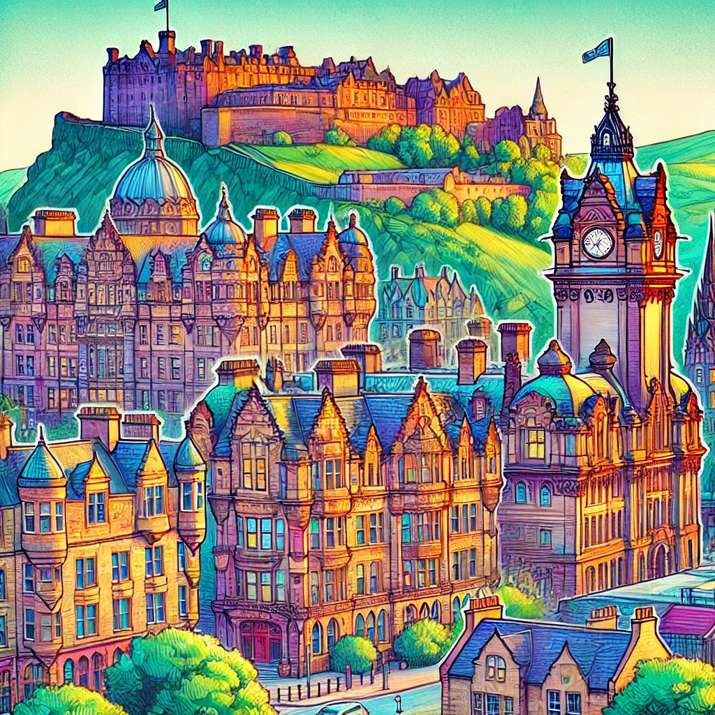 Un dibujo vibrante y colorido de Edimburgo, Escocia, que muestra su icónica arquitectura medieval y georgiana, el histórico Castillo de Edimburgo en lo alto de una colina