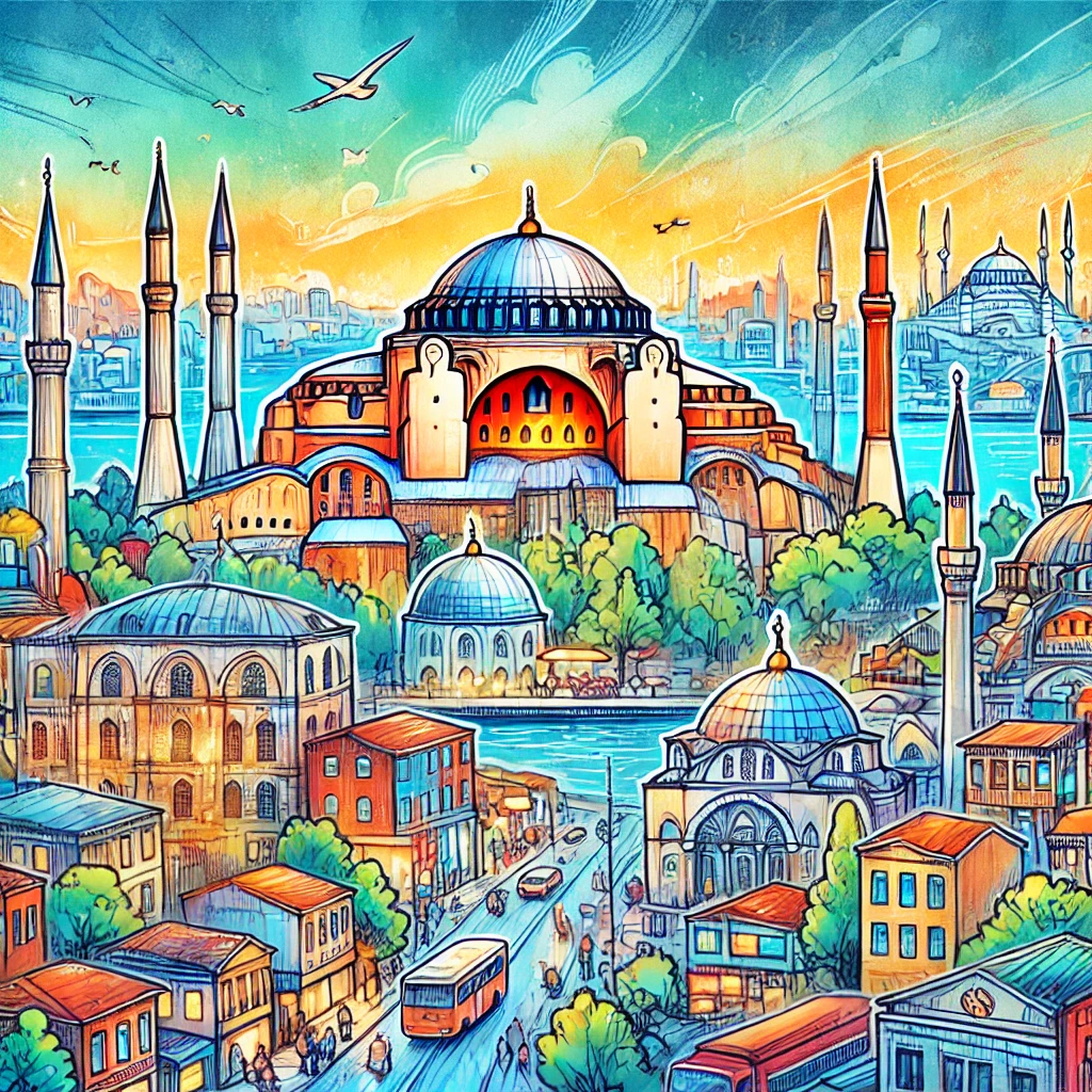 Un dibujo vibrante y colorido de Estambul, Turquía, que muestra lugares emblemáticos como Santa Sofía y la Mezquita Azul, en un contexto urbano animado.