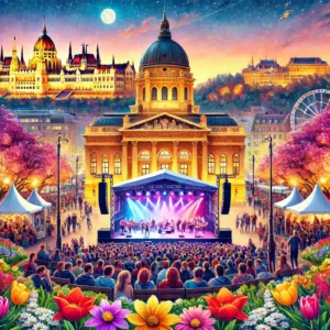 Ilustración del Festival de Primavera de Budapest. La escena incluye la emblemática arquitectura húngara iluminada por la noche y una multitud animada.