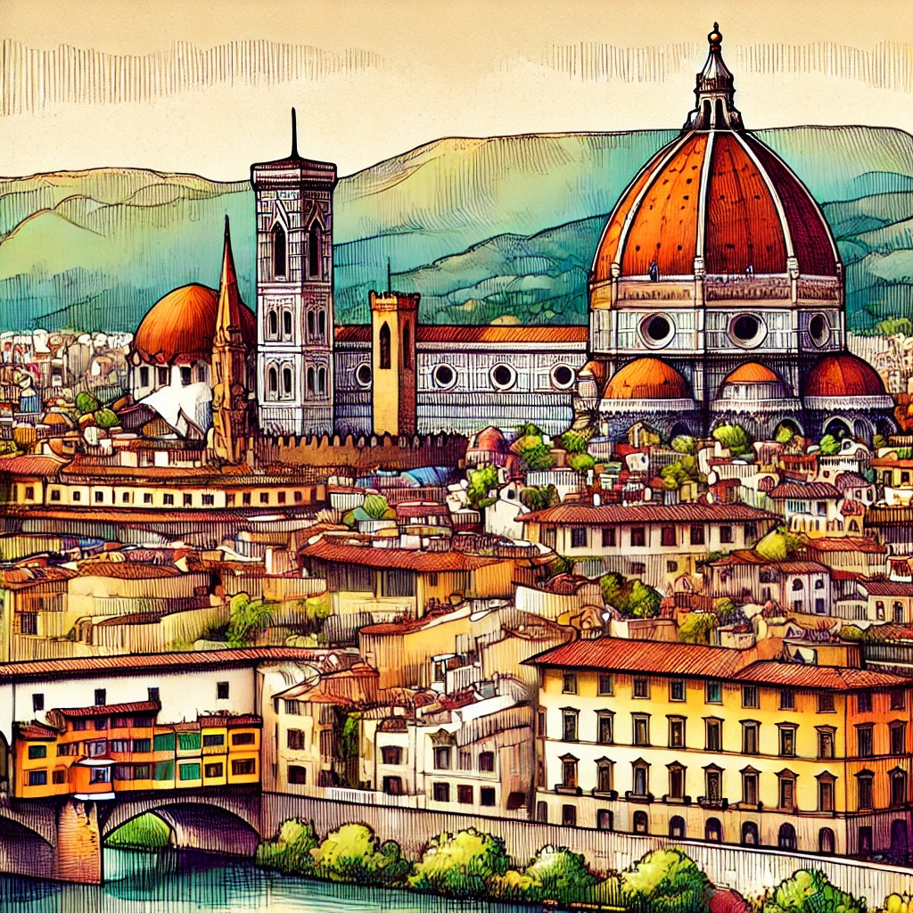 Un dibujo vibrante y colorido de Florencia, Italia, que muestra monumentos emblemáticos como la Catedral de Florencia (Duomo) con su cúpula de terracota.