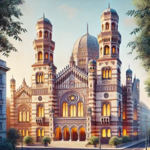 Una ilustración detallada de la Gran Sinagoga de Budapest (Sinagoga de la calle Dohány), que muestra su estilo arquitectónico de renacimiento morisco.