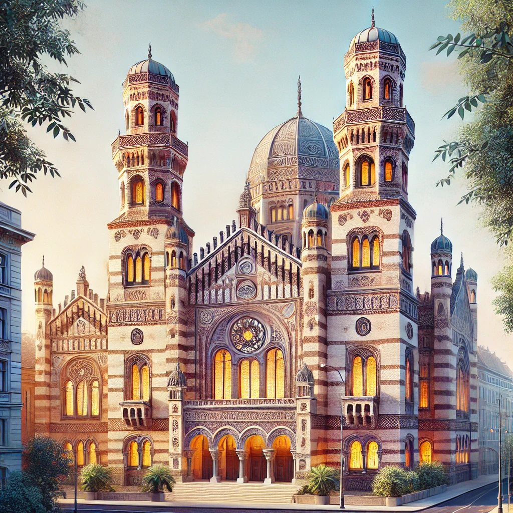 Una ilustración detallada de la Gran Sinagoga de Budapest (Sinagoga de la calle Dohány), que muestra su estilo arquitectónico de renacimiento morisco.