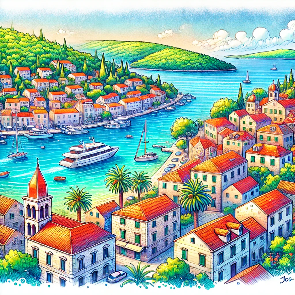 Un dibujo vibrante y colorido de Hvar, Croacia, que muestra su icónica costa con aguas azules cristalinas y edificios históricos con techos de tejas rojas.