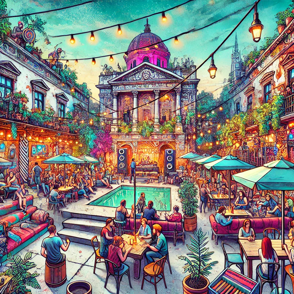 Ilustración de un animado pub en ruinas en Budapest, que captura un ambiente divertido y enérgico con gente disfrutando de música y bebidas.