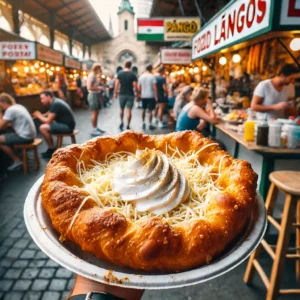 Disfruta del auténtico lángos en Budapest, un delicioso pan frito cubierto con crema agria y queso, perfecto para probar en mercados y puestos de comida callejera.