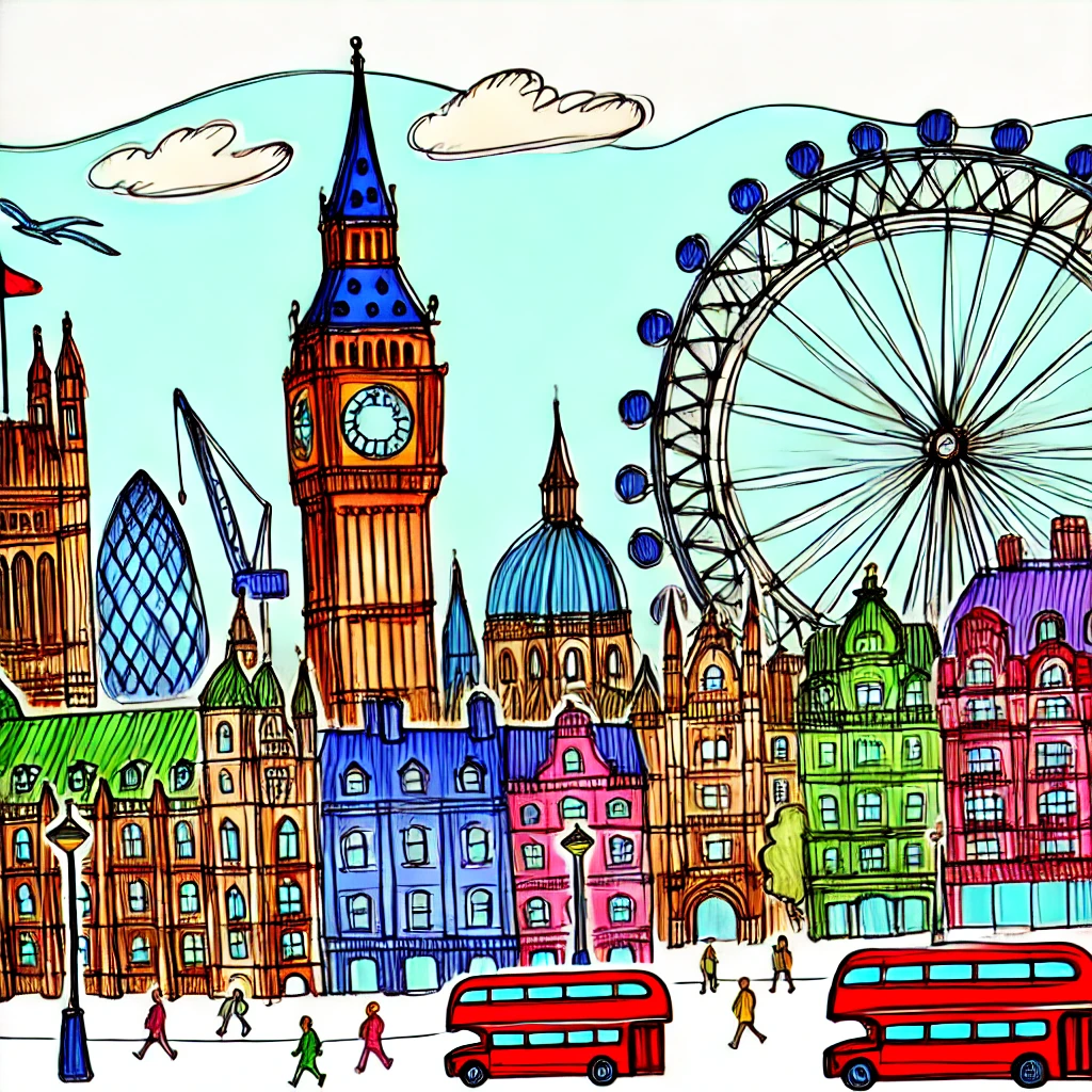 Un dibujo vibrante y colorido de Londres, Inglaterra, que muestra lugares emblemáticos como el Big Ben, el London Eye y el Tower Bridge, con calles animadas y una mezcla