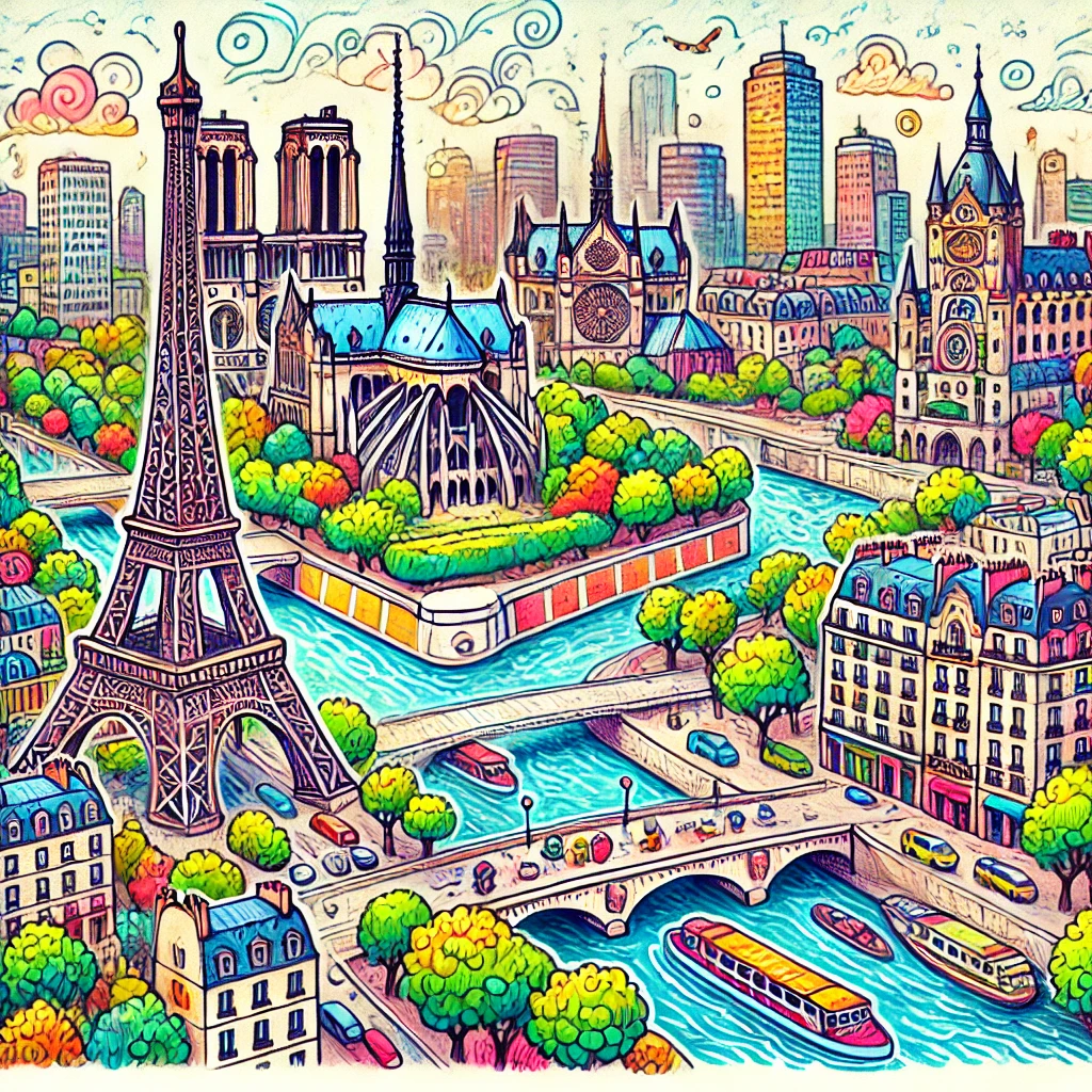 Un dibujo vibrante y colorido de París, Francia, que muestra lugares emblemáticos como la Torre Eiffel, la Catedral de Notre-Dame y el río Sena.