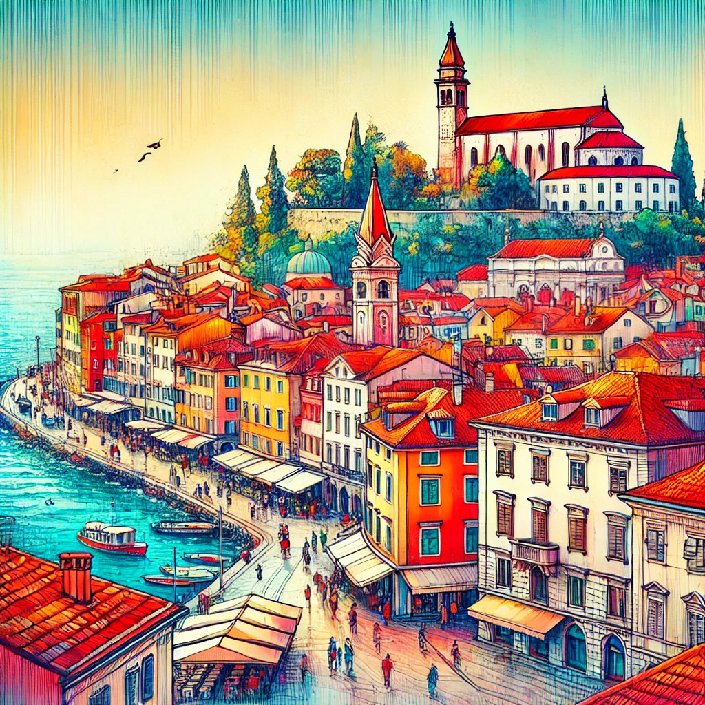 Un dibujo vibrante y colorido de Piran, Eslovenia, que muestra su icónica vista de la costa mediterránea y su arquitectura de estilo veneciano con tejados rojos.