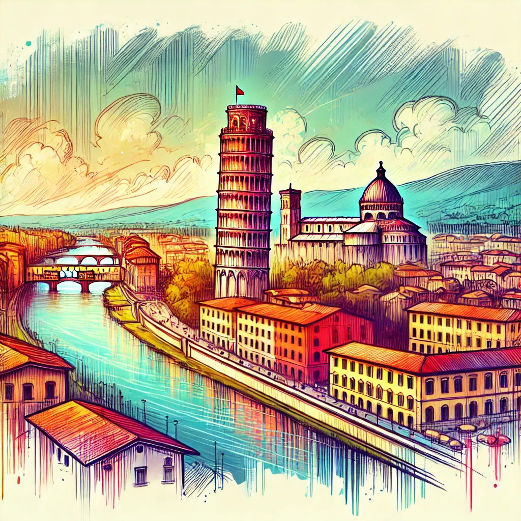 Un dibujo vibrante y colorido de Pisa, Italia, que presenta la icónica Torre Inclinada de Pisa, edificios históricos y alrededores pintorescos.