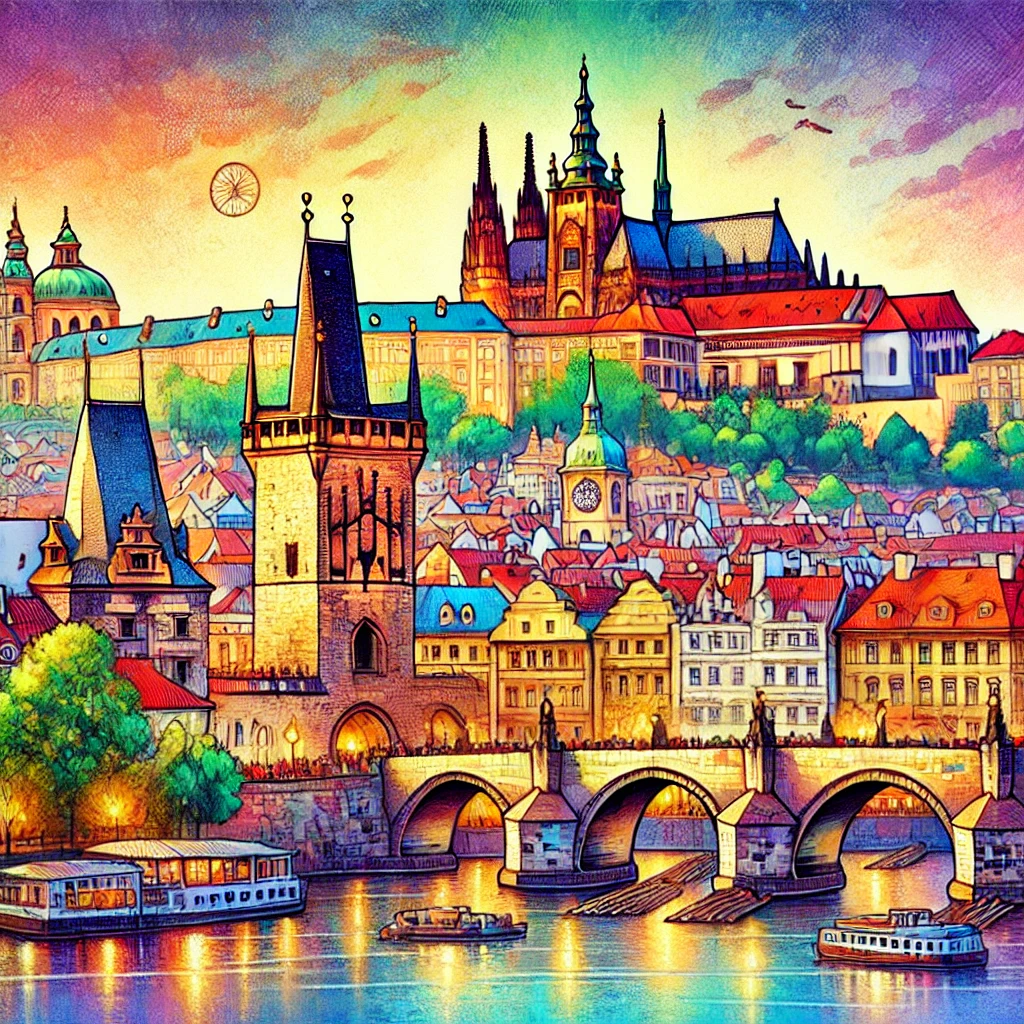 Un dibujo vibrante y colorido de Praga, República Checa, que muestra lugares emblemáticos como el Puente de Carlos y la Plaza de la Ciudad Vieja con su Reloj Astronómico.