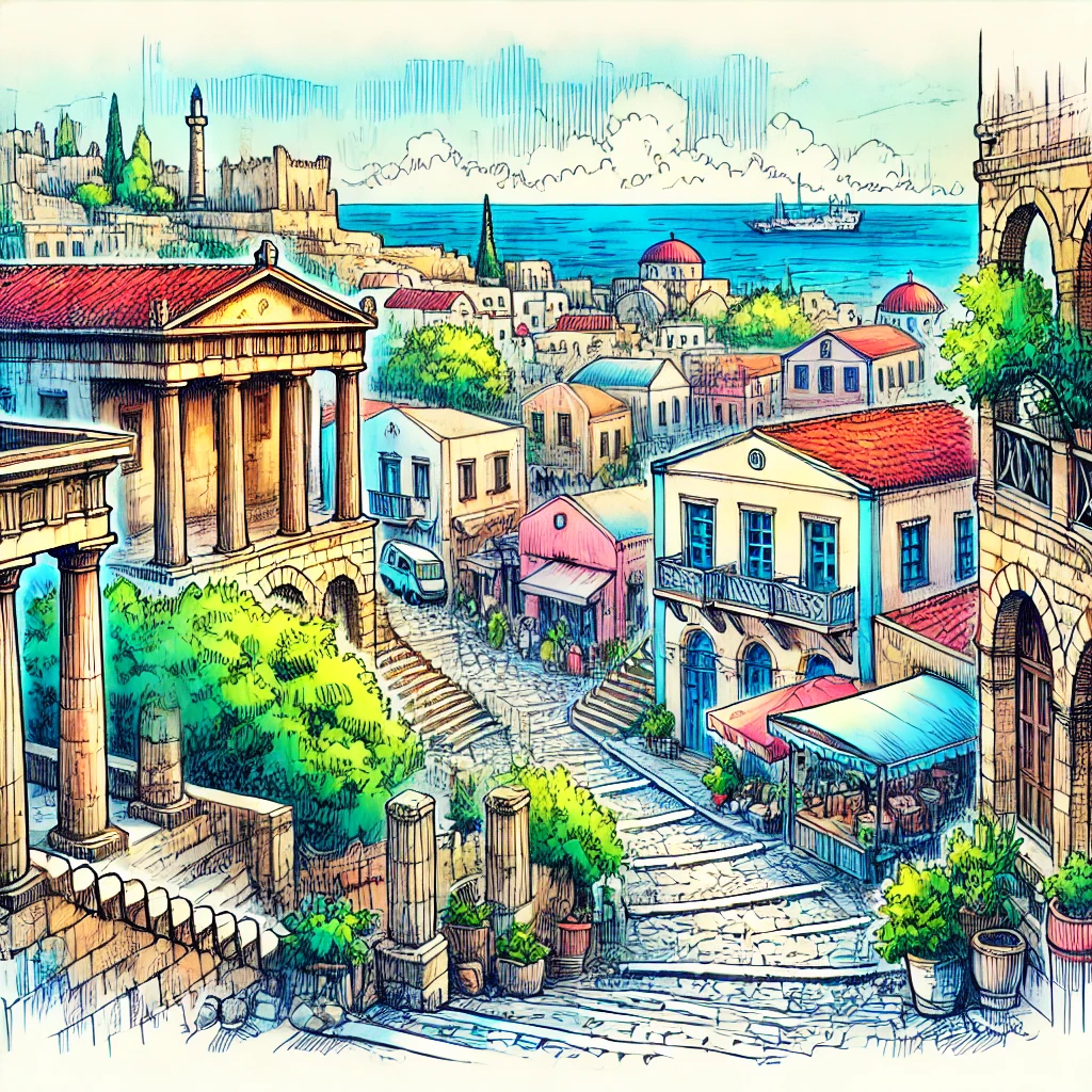 Un dibujo vibrante y colorido de Rodas, Grecia, que presenta la icónica arquitectura medieval, calles estrechas con caminos adoquinados y edificios antiguos.