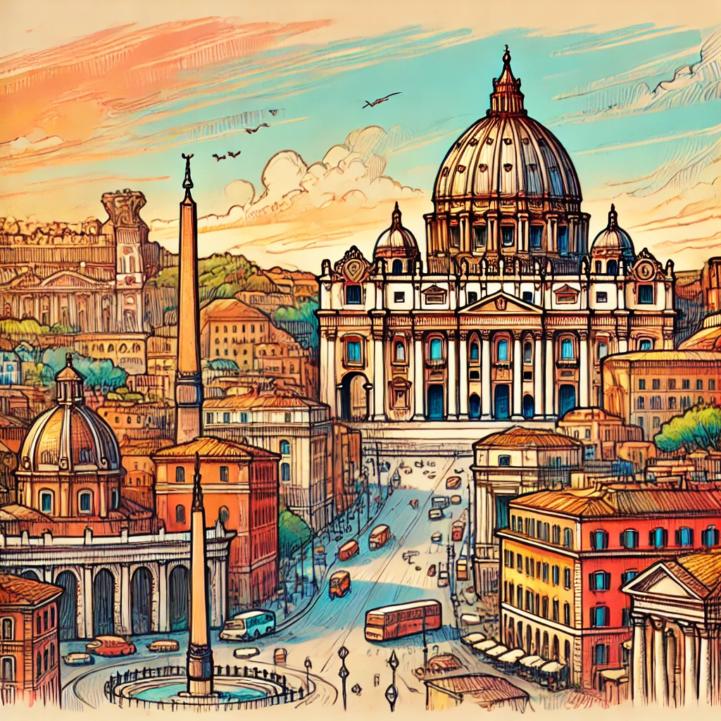 Un dibujo vibrante y colorido de Roma, Italia, que muestra lugares emblemáticos como el Coliseo, la Basílica de San Pedro y el Foro Romano.