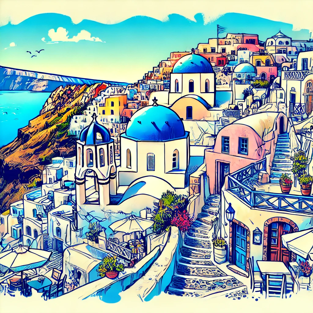 Un dibujo vibrante y colorido de Santorini, Grecia, que muestra sus icónicos edificios encalados con cúpulas azules, calles estrechas y sinuosas y hermosas.