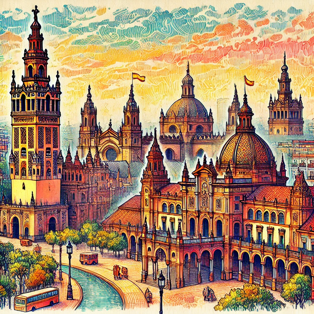 Un dibujo vibrante y colorido de Sevilla, España, que muestra monumentos emblemáticos como la Catedral de Sevilla, el campanario de la Giralda y la Plaza de España.