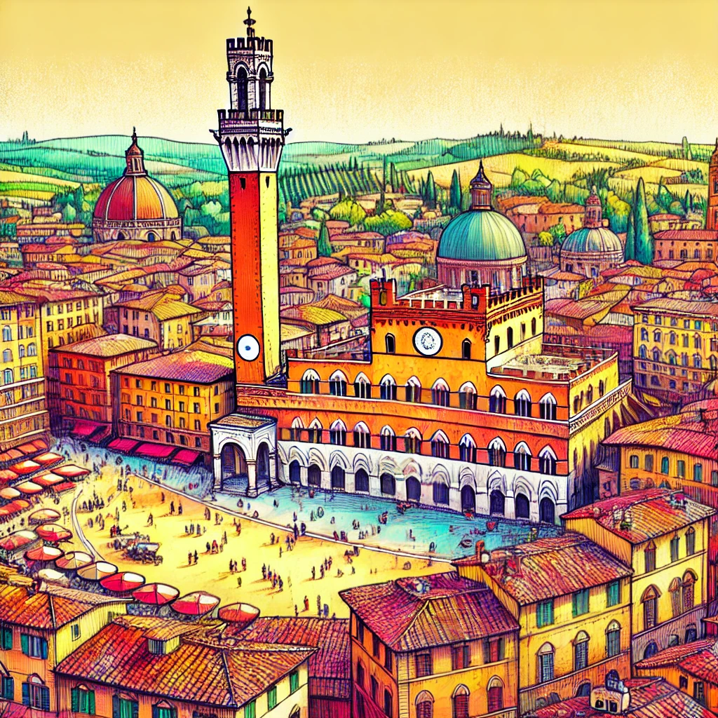 Un dibujo vibrante y colorido de Siena, Italia, que muestra la histórica Piazza del Campo con su arquitectura medieval y la famosa Torre del Mangia.