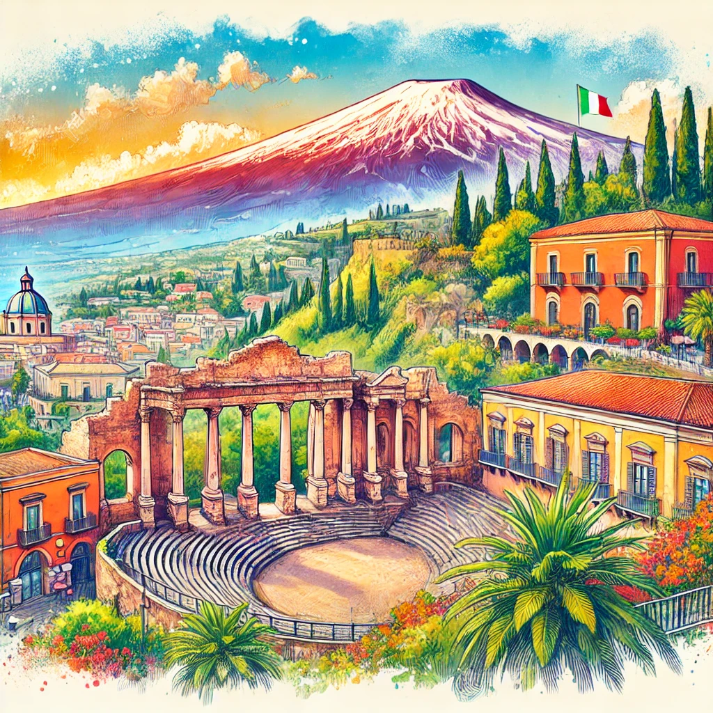 Un dibujo vibrante y colorido de Taormina, Italia, que muestra su icónico teatro griego antiguo con una vista del Monte Etna en el fondo, Mediterráneo.