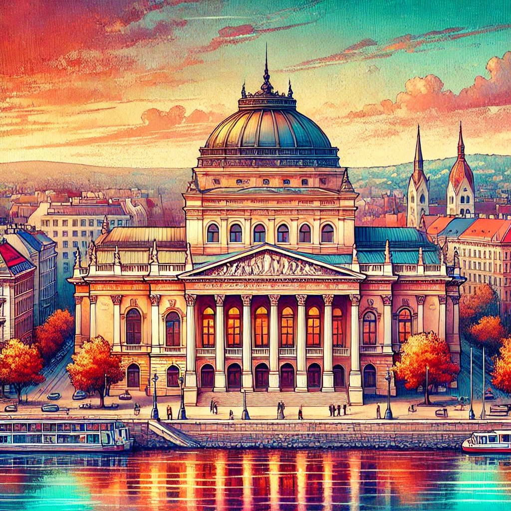 Ilustración del Teatro Nacional Húngaro en Budapest. El edificio se muestra en un grandioso estilo arquitectónico neorenacentista.