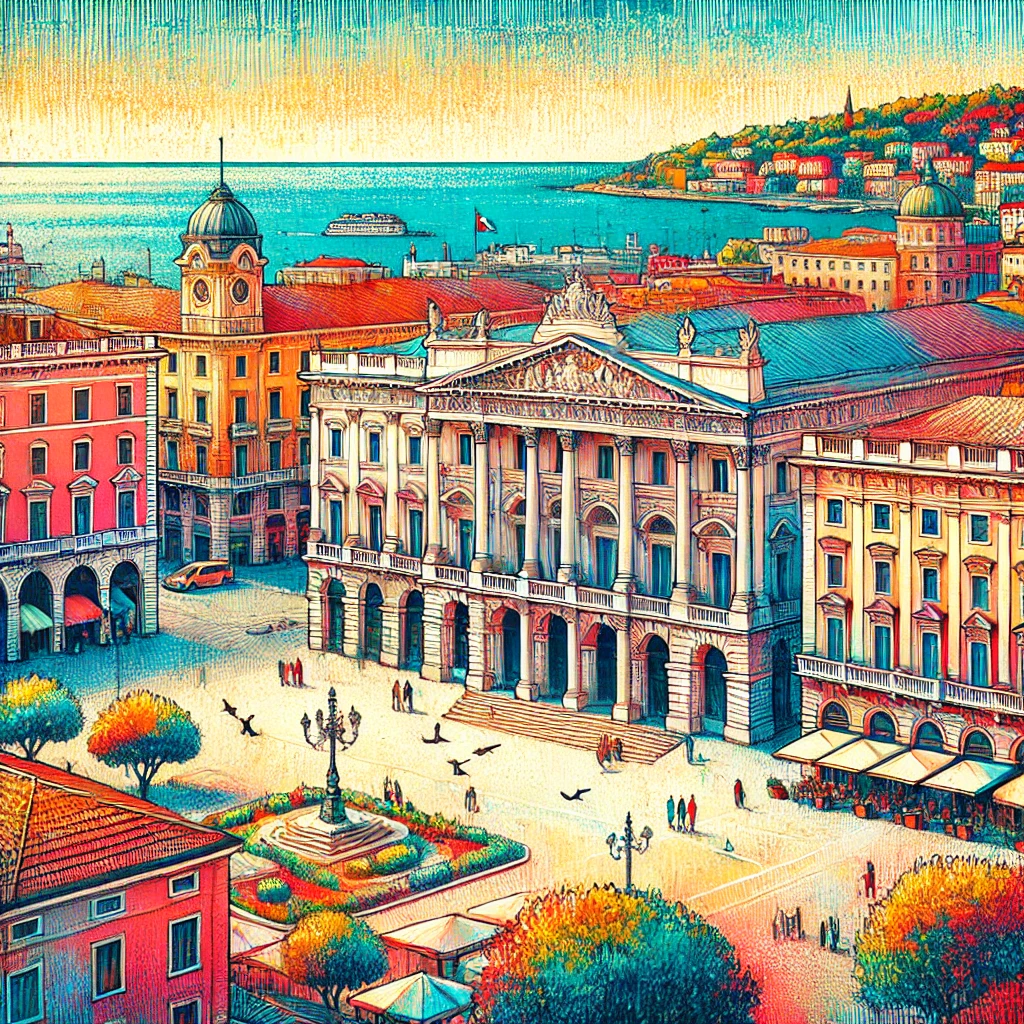 Un dibujo vibrante y colorido de Trieste, Italia, que muestra una arquitectura icónica, incluida la gran Piazza Unità d'Italia con su elegante edificio neoclásico.