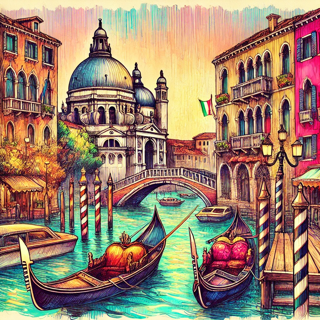 Un dibujo vibrante y colorido de Venecia, Italia, que muestra elementos icónicos como góndolas en los canales, edificios históricos con arquitectura veneciana clásica