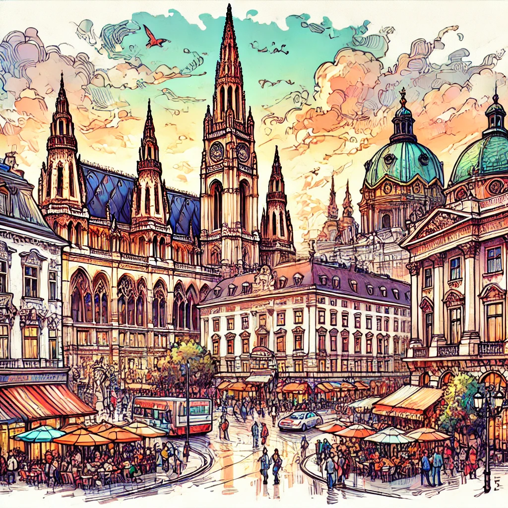 Un dibujo vibrante y colorido de Viena, Austria, que muestra lugares emblemáticos como la Catedral de San Esteban, la Ópera Estatal de Viena y el Hofburg.