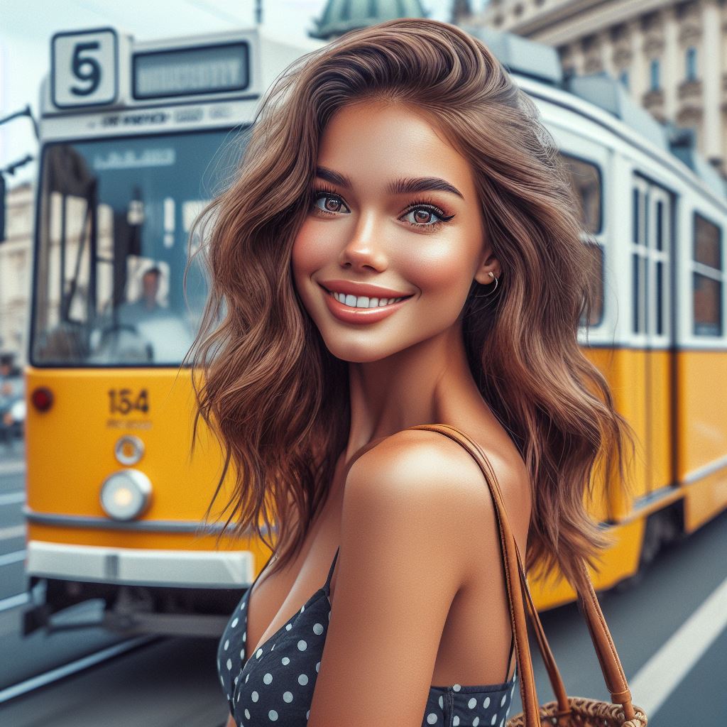 Mujer hermosa frente a un tranvía del transporte público de Budapest