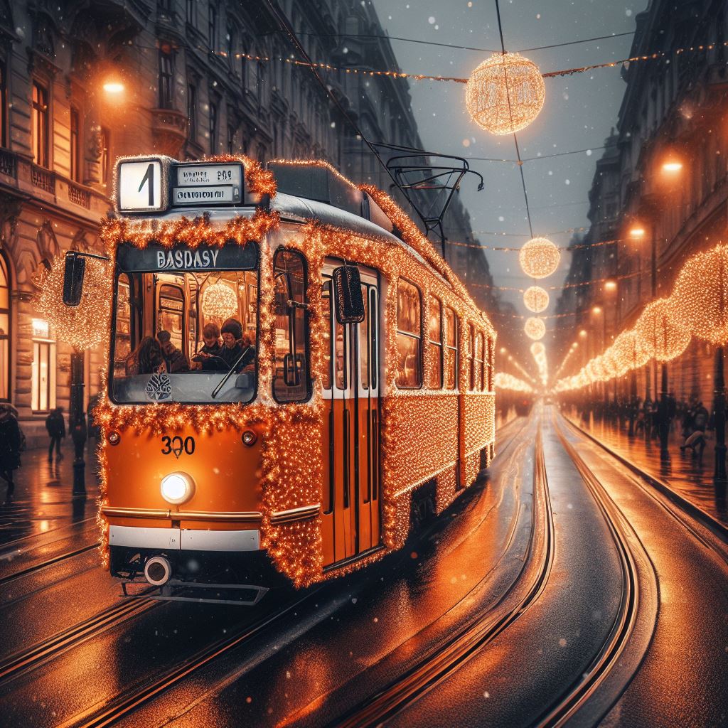 Tranvía con luces navideñas en Budapest